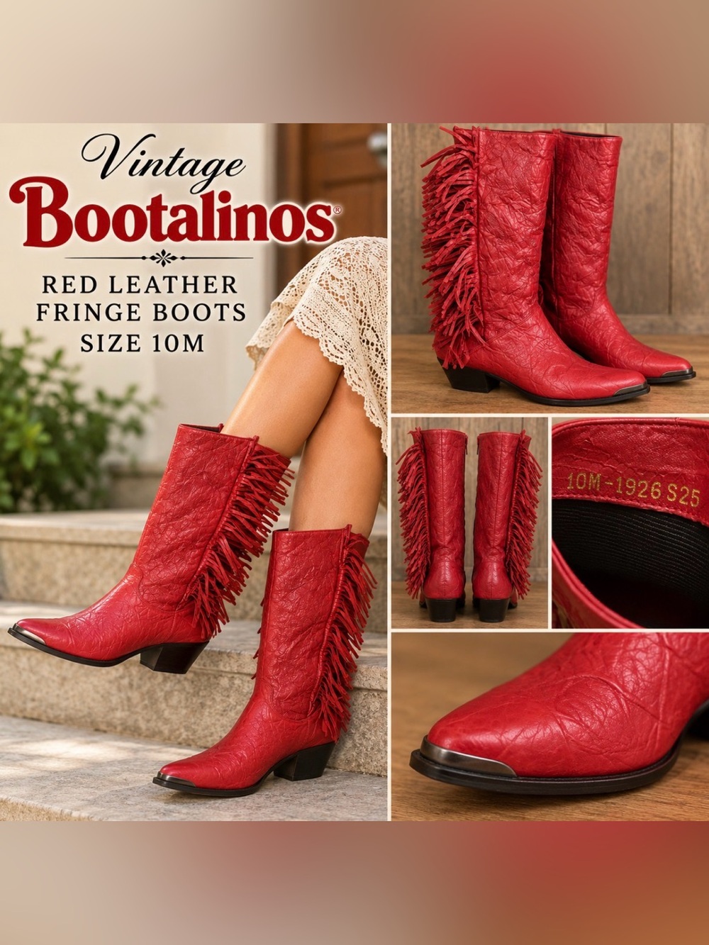 Vintage Bootalinos Red Leather Fringe Western Cowboy Boots women’s 10